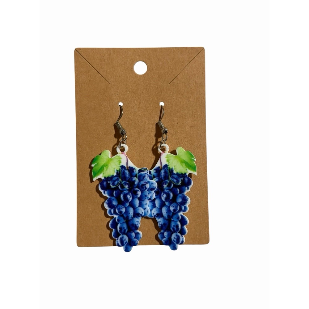 Purple Grape Cluster Acrylic Drop Earrings Fruit Foodie Kitsch Jewelry